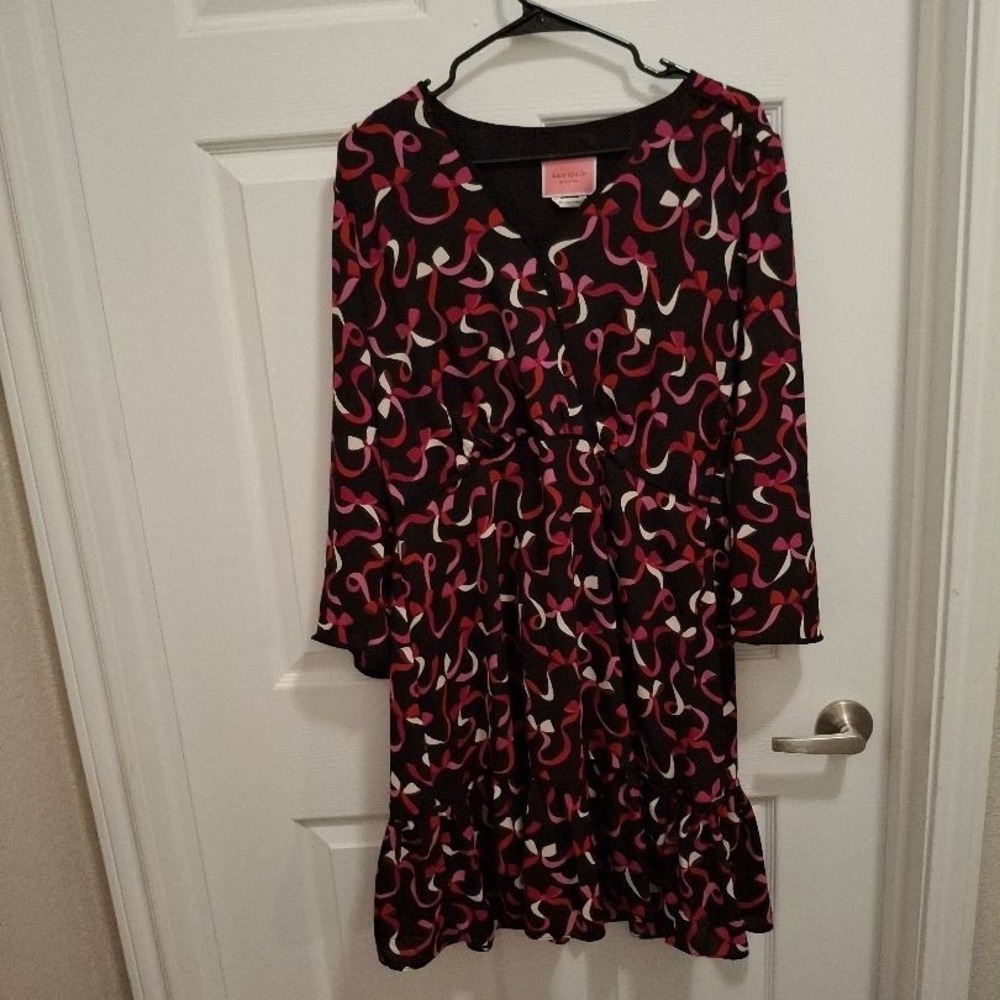 Kate Spade Sz 12 Black Pink Bow Ribbon V-Neck Ruffle‎ Hem Cocktail Dress